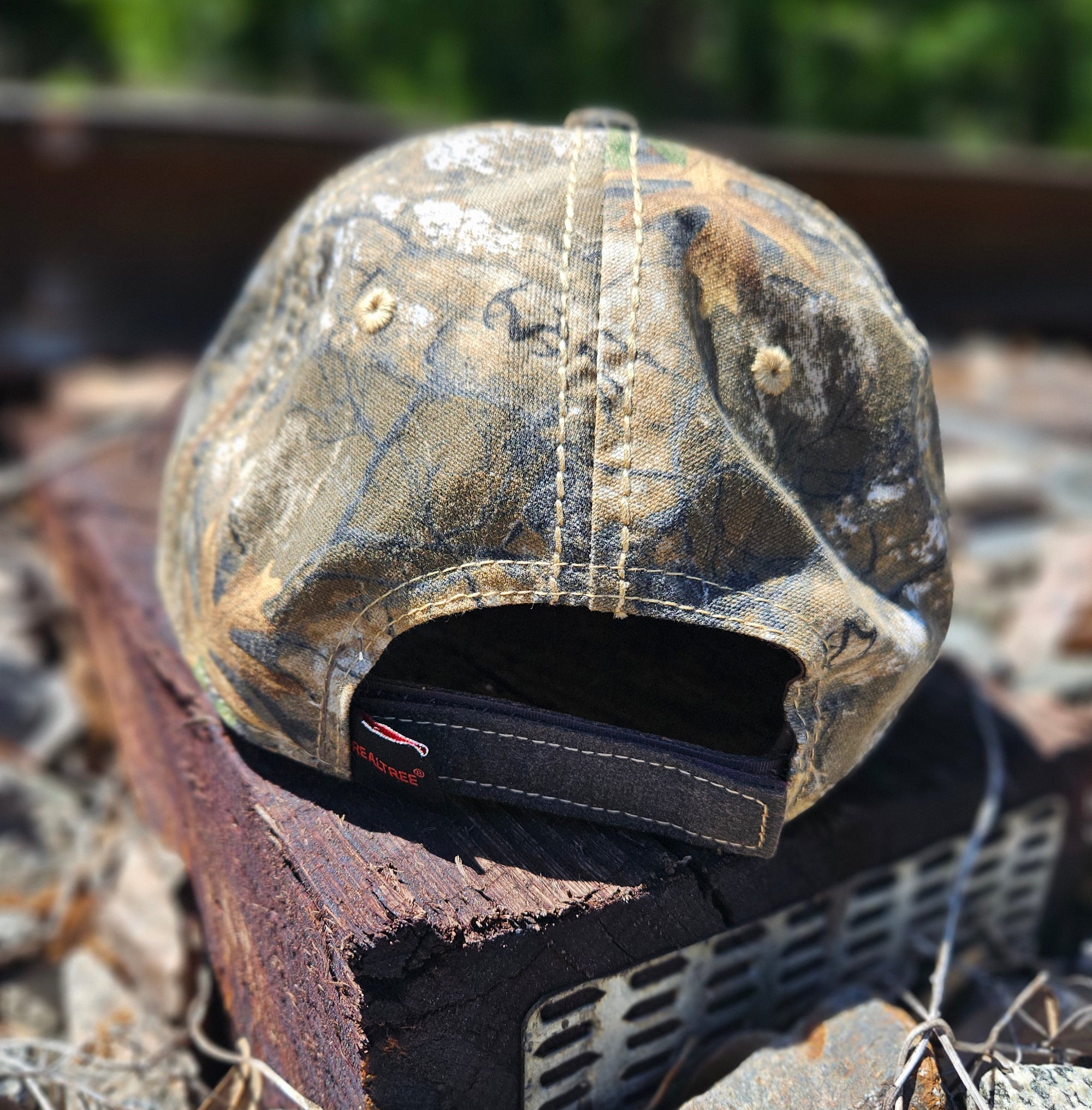 *CAP* Brown Muller Chokes Hunting Cap. Front: Yellow-Green Logo, Back: NEW REALTREE EDGE Camo