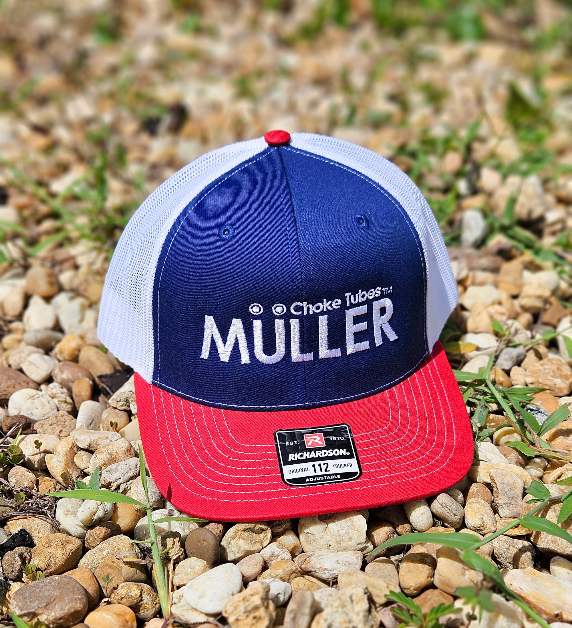 *CAP* Red White & Blue Muller Chokes Cap. Front: White Embroidered Logo, Back: White Mesh