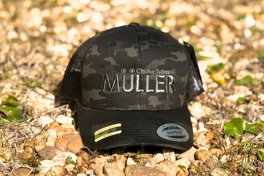 *CAP* MC LOGO BLACK CAMO Muller Chokes Hunting Cap. Front: Black Camo, Back: Black Trucker Mesh