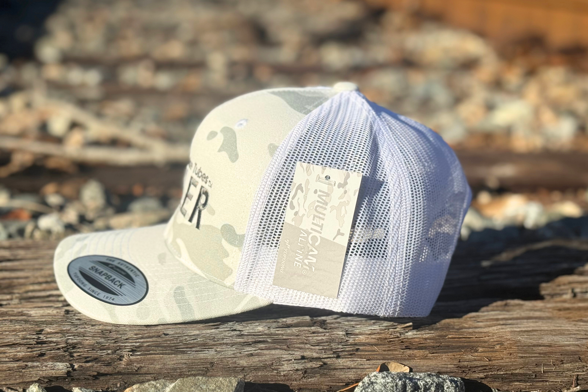 *CAP* MC LOGO MULTICAM ALPINE Muller Chokes Hunting Cap. Front: Multicam Alpine, Back: White Trucker Mesh