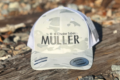 *CAP* MC LOGO MULTICAM ALPINE Muller Chokes Hunting Cap. Front: Multicam Alpine, Back: White Trucker Mesh