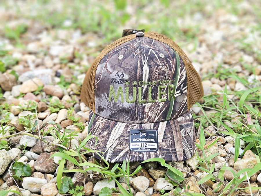 *CAP* CAMO Muller Chokes Hunting Cap. Front: REALTREE MAX-7 Camo, Back: Brown/Buck Trucker Mesh