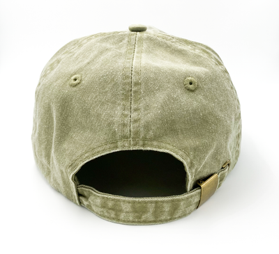 *CAP* Khaki & Green Muller Chokes Shotgunning Cap. Front: Sage Green Logo, Back: Buckle Detail