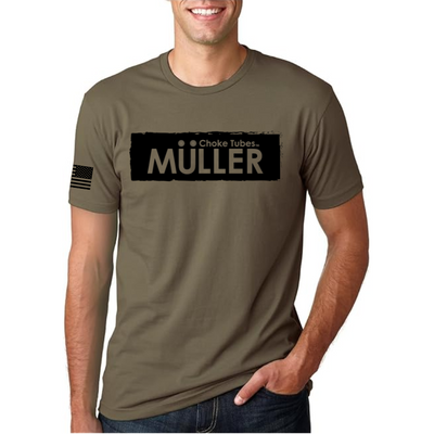 Unisex Short Sleeve MC Distressed Logo Tshirt. Front: Logo, Sleeve: American Flag (MILITARY GREEN)