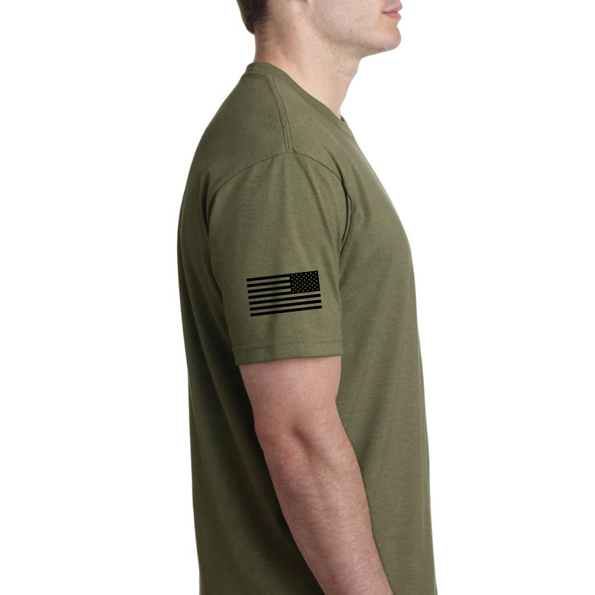 Unisex Short Sleeve MC Distressed Logo Tshirt. Front: Logo, Sleeve: American Flag (MILITARY GREEN)