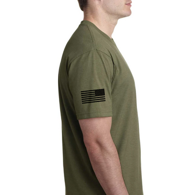 Unisex Short Sleeve MC Distressed Logo Tshirt. Front: Logo, Sleeve: American Flag (MILITARY GREEN)