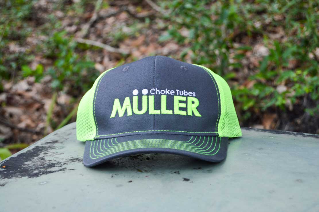 *CAP* Lime Green Muller Chokes Shotgunning Cap. Front: Green Logo, Back: Green Mesh