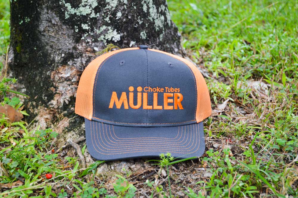 *CAP* Orange Muller Chokes Shotgunning Cap. Front: Orange Logo, Back: Orange Mesh